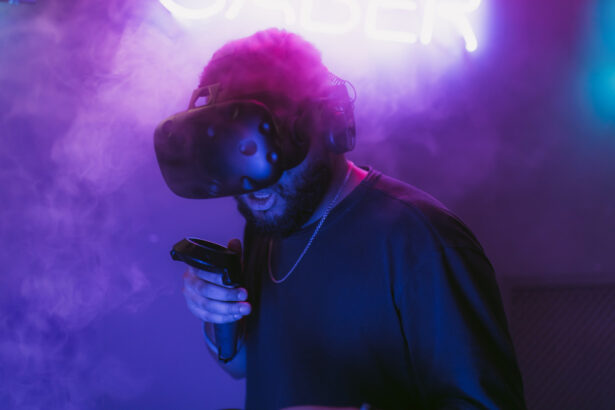 Person wearing a VR headset in a misty environment, holding a VR controller, with neon lights in the background.