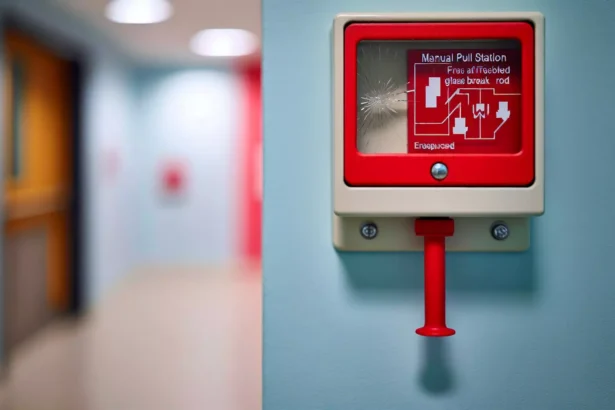 Red manual pull station mounted on a wall, with instructions for use, in a blurred hallway of a building.