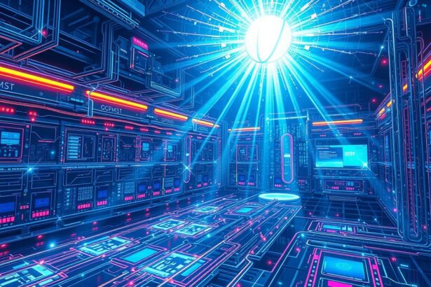 Futuristic quantum computing lab with glowing circuits, illuminated by a bright light source, showcasing advanced technology.