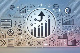 "Illustration symbolizing the path to business success with stages of vision, planning, execution, and adjustment on a smooth gradient background."