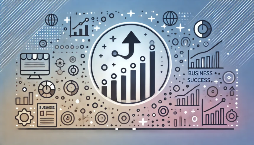 "Illustration symbolizing the path to business success with stages of vision, planning, execution, and adjustment on a smooth gradient background."